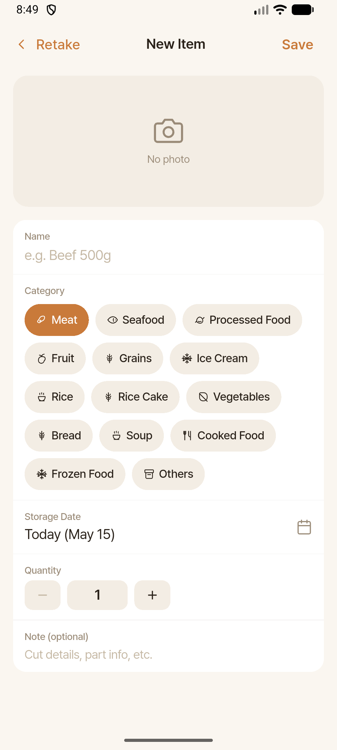 Food photo registration screenshot